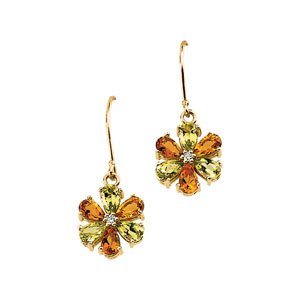 14K Yellow Gold Natural Peridot, Natural Citrine & .04 CTW Natural Diamond Flower Earrings