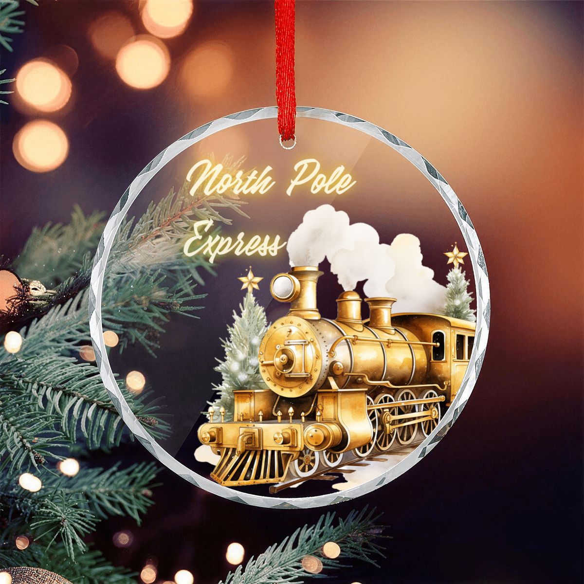 North Pole Express Golden Train Round Glass Christmas Ornament (Made in USA)