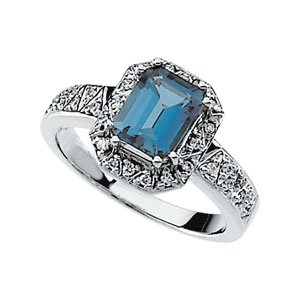 14K White Gold Natural London Blue Topaz & 1/6 Natural Diamond Ring