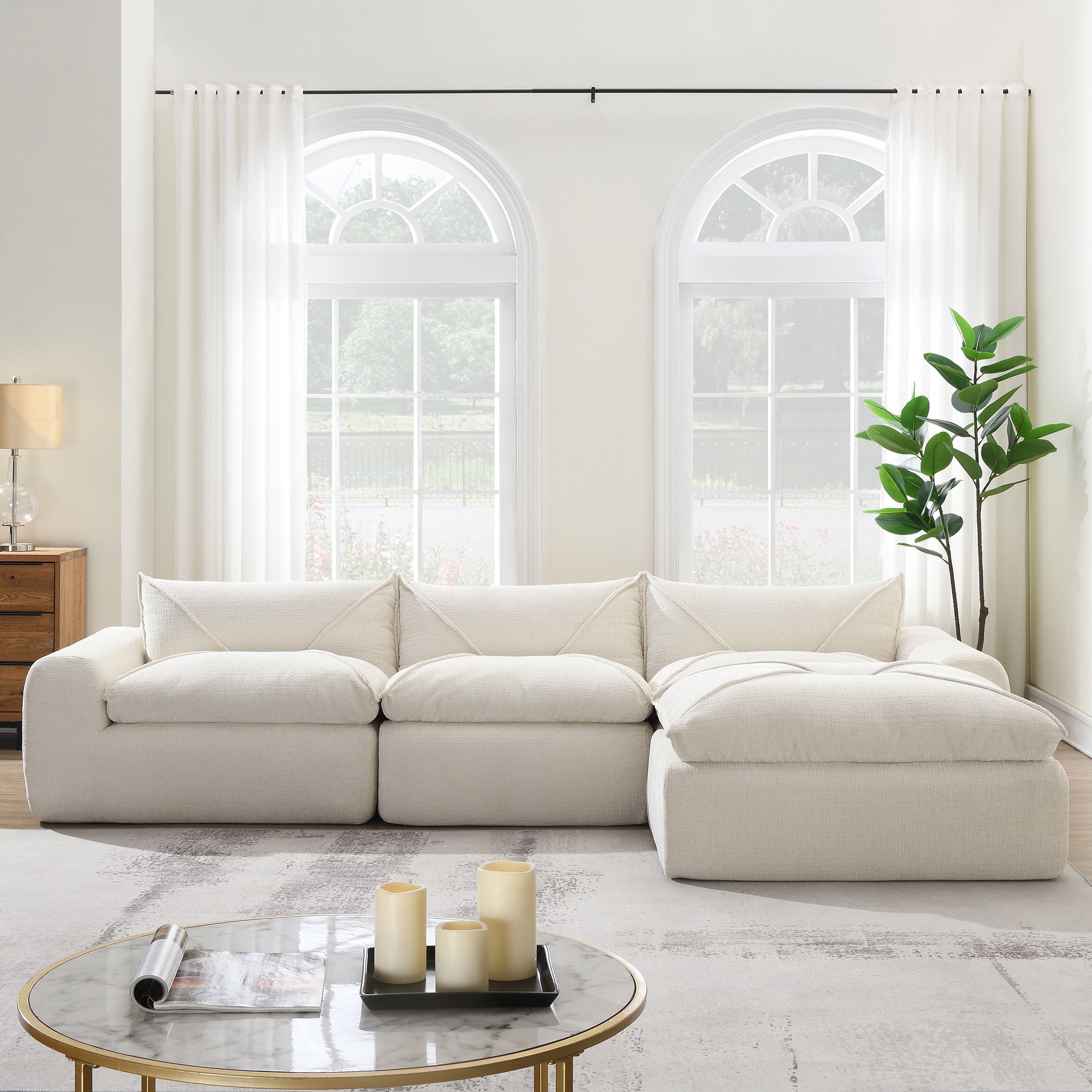 [VIDEO Provided] 116'' Fully Compressed Sofa with High Density Foam, No Assembly Required, Legless Design without Frame, Integrated Backrest and Seat Cushion, Free Combination, Particle Chenille