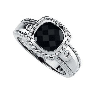 14K White Gold Natural Black Onyx & .05 CTW Natural Diamond Rope Ring
