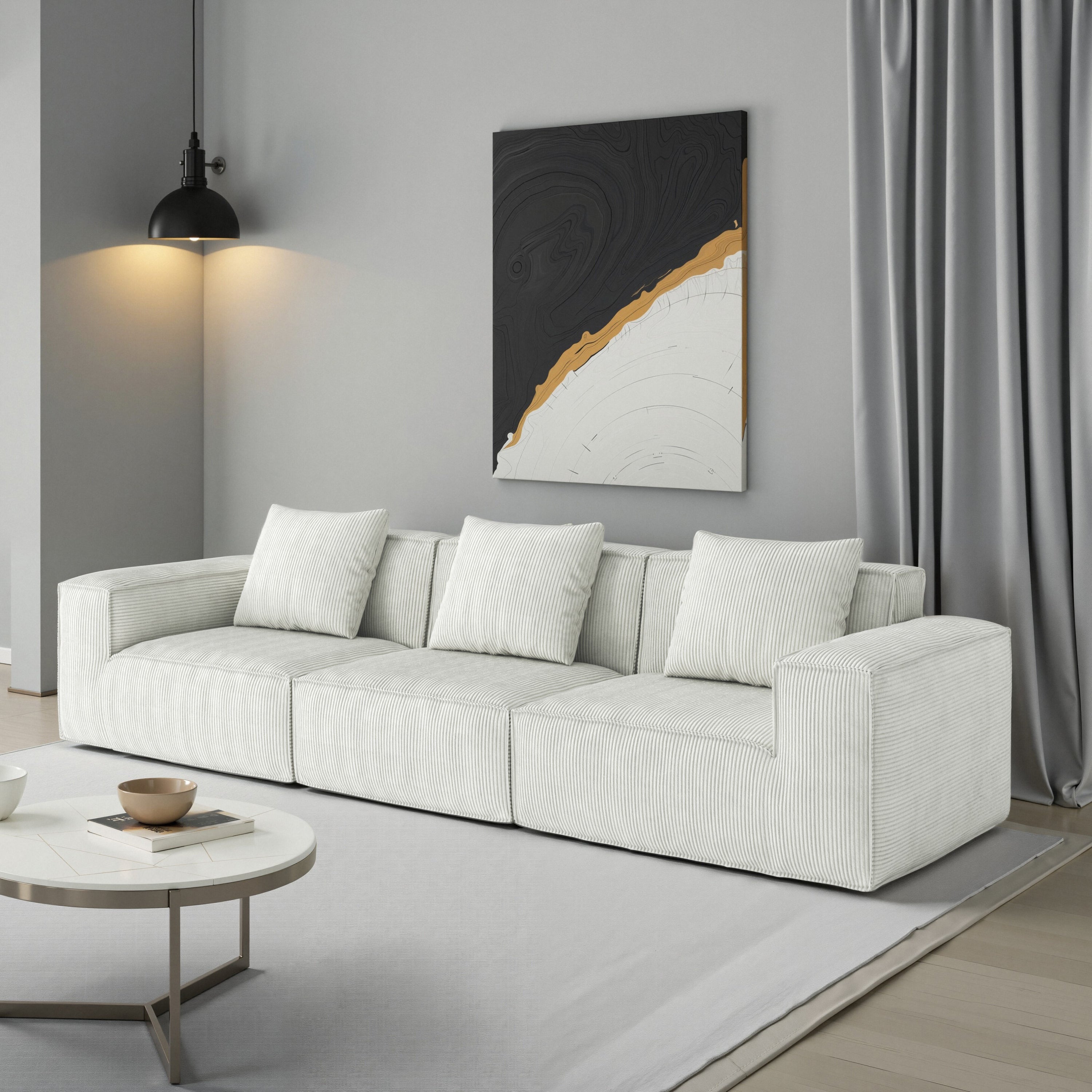 118-inch modular sofa can be converted into an oversized sofa bed  Free conversion sofa set flexible configuration, soft corduroy cloud velvet fabric Three-person combination white