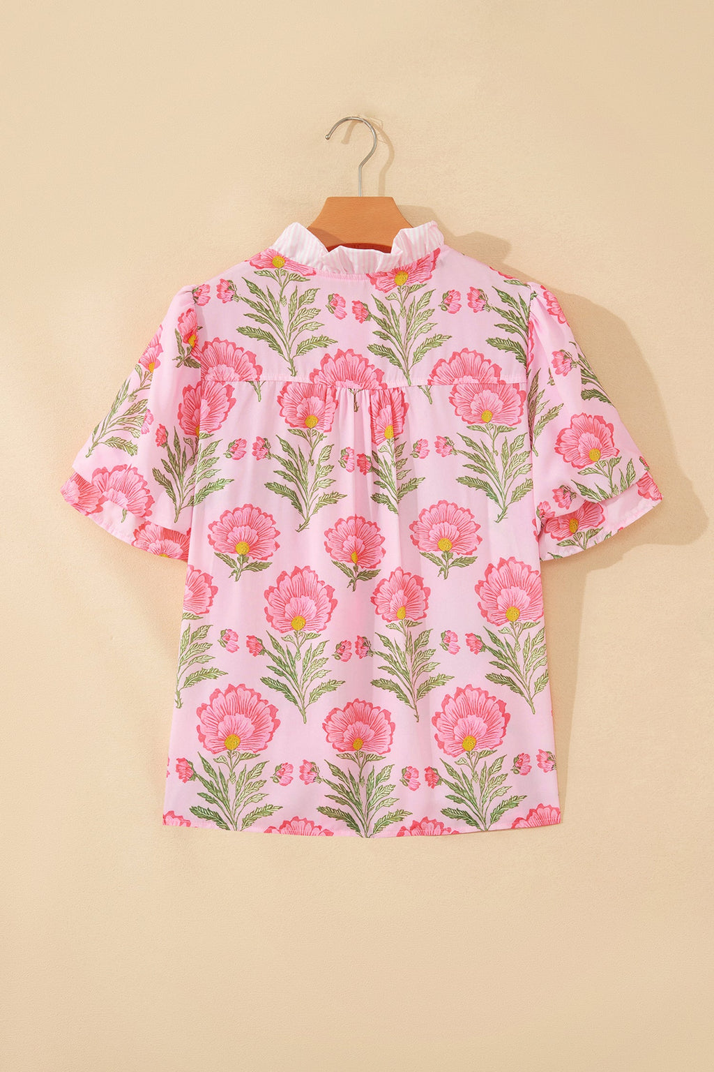 Floral Ruffle Stripe Trim Puff Sleeve Shirt
