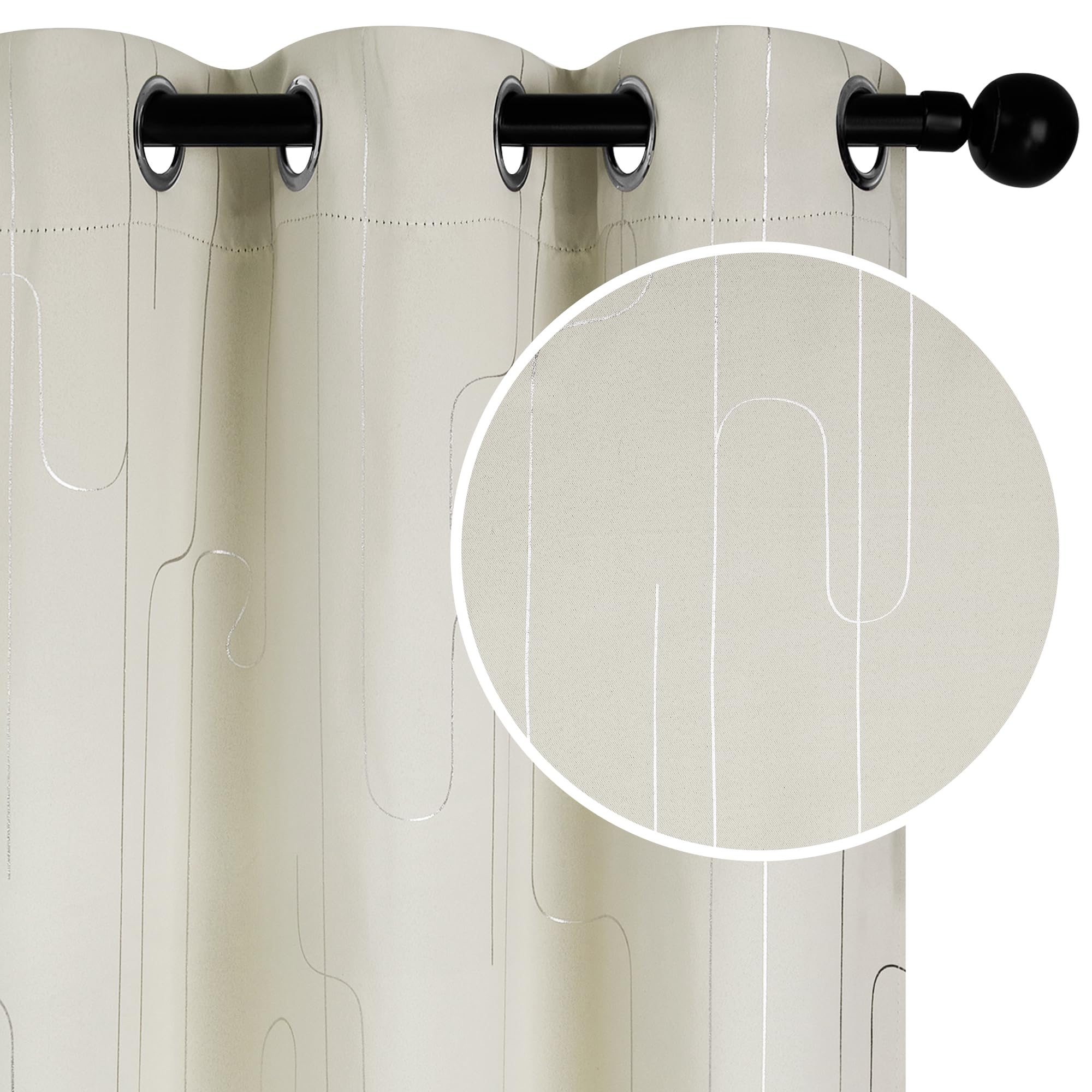 Room Darkening Curtains with Line Foil Print, Navy Blue, 2 Panels