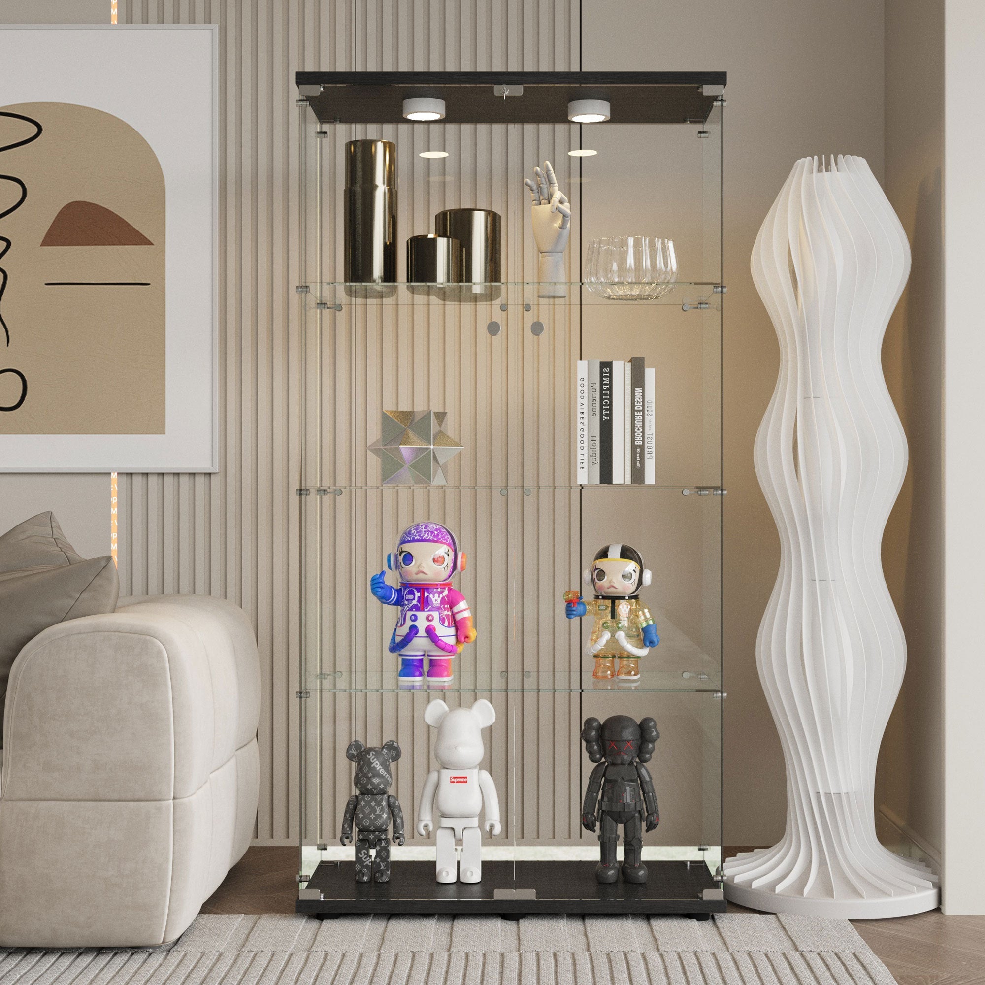 Tempered glass display cabinet,wine cabinet,storage cabinet,file cabinet,with a variety of colors of pat lights,door locks,adjustable floor feet suitable for uneven ground,can be placed anywhere,black