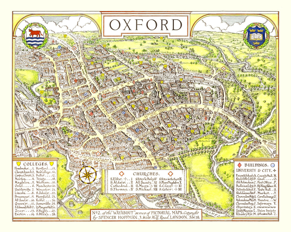 Vintage Map of Oxford, England 1936