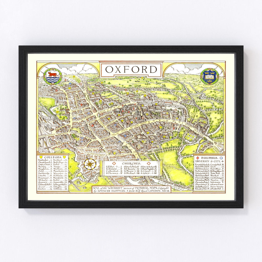 Vintage Map of Oxford, England 1936