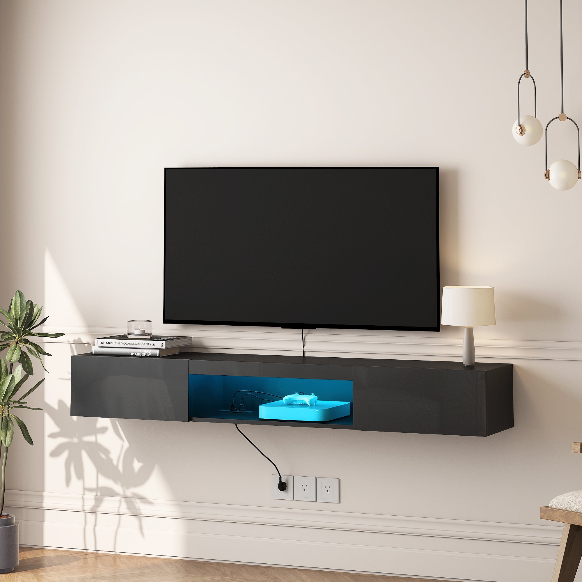 Floating TV Stand Wall Mounted with 16 Color LEDs,63' Modern TV Stand, Floating TV Cabinet Entertainment Center for 55 60 65 Inch TV,Black