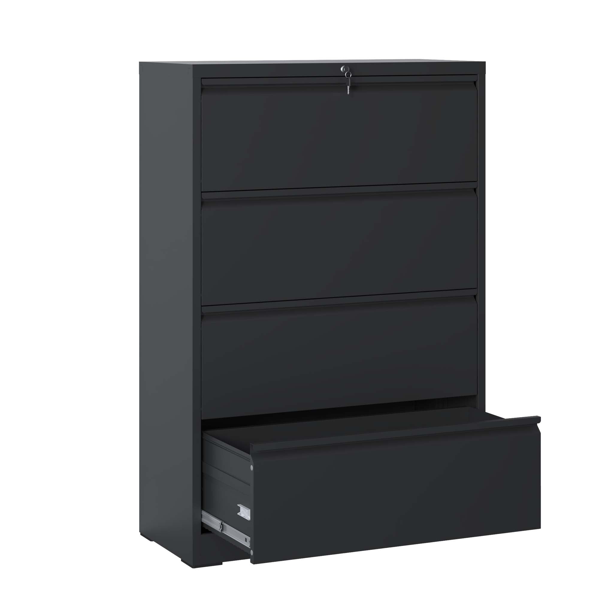 Modern Black 4-Drawer Lateral File Cabinet with Lock, Metal Filing Cabinet for Legal/Letter/A4/F4