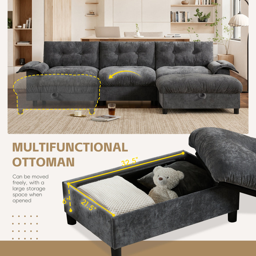 [VIDEO]104*60' Sectional Sofa, L-Shape with Multifunctional Armrest, Dual-Port Charging, Cup Holder, Side Storage Pockets, Movable Storage Ottoman, Unique Tufted Design, Soft Cushion, Chenille,3colors