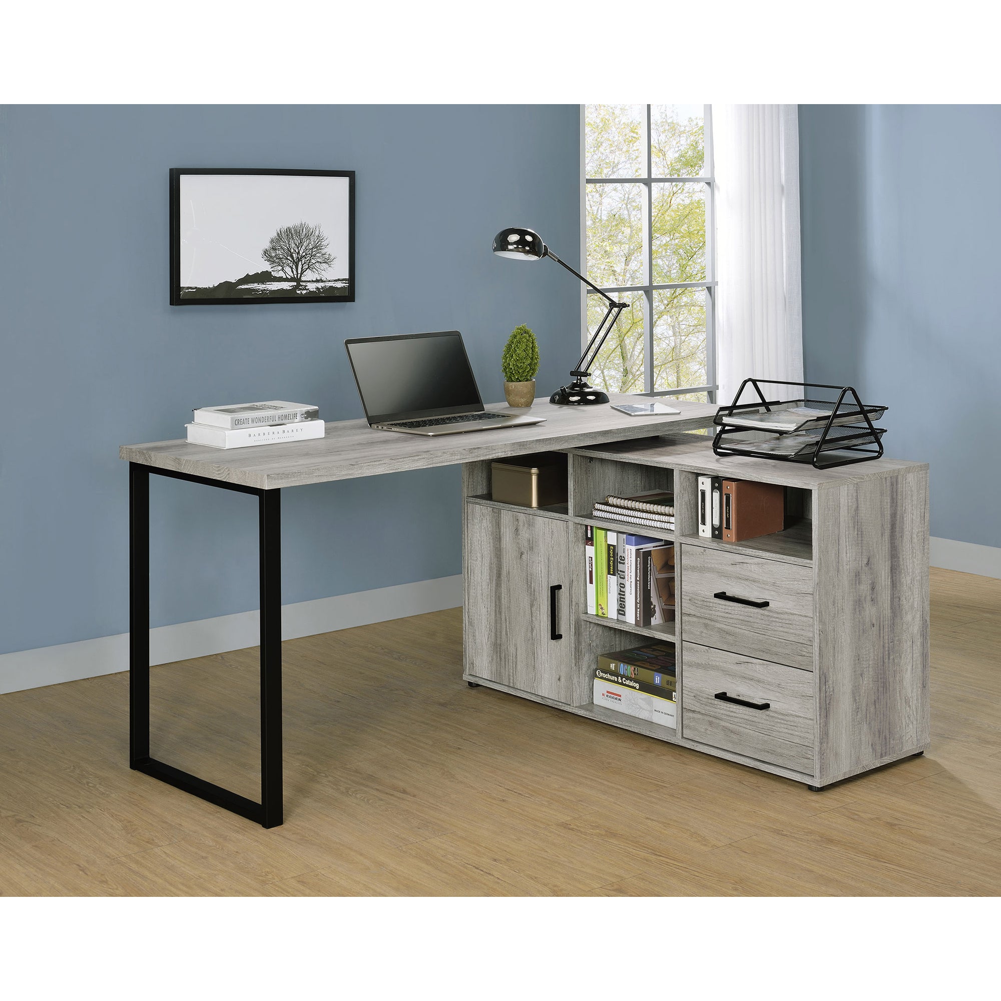 Corrado Grey Driftwood L-shape Office Desk with Storage