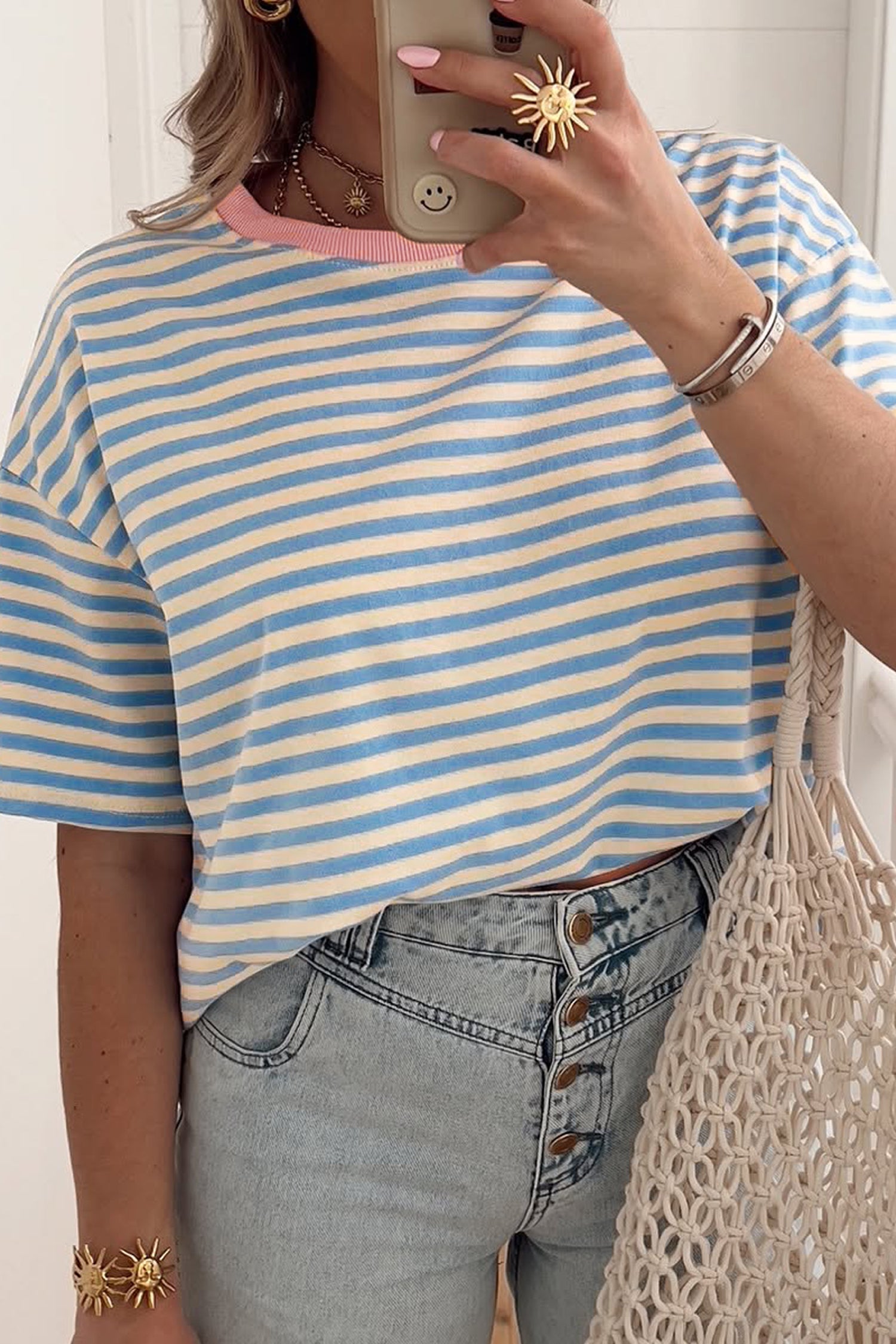 Stripe Contrast Crew Neck Drop Shoulder Tee