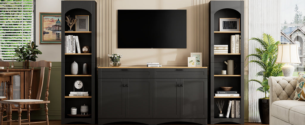 ON-TREND 3-Piece Farmhouse Entertainment Center with Storage Cabinet for TVs Up to 70', Mid-Century TV Stand with Bookshelf, Rustic Versatile Sideboard with Adjustable Shelves for Living Room, Black