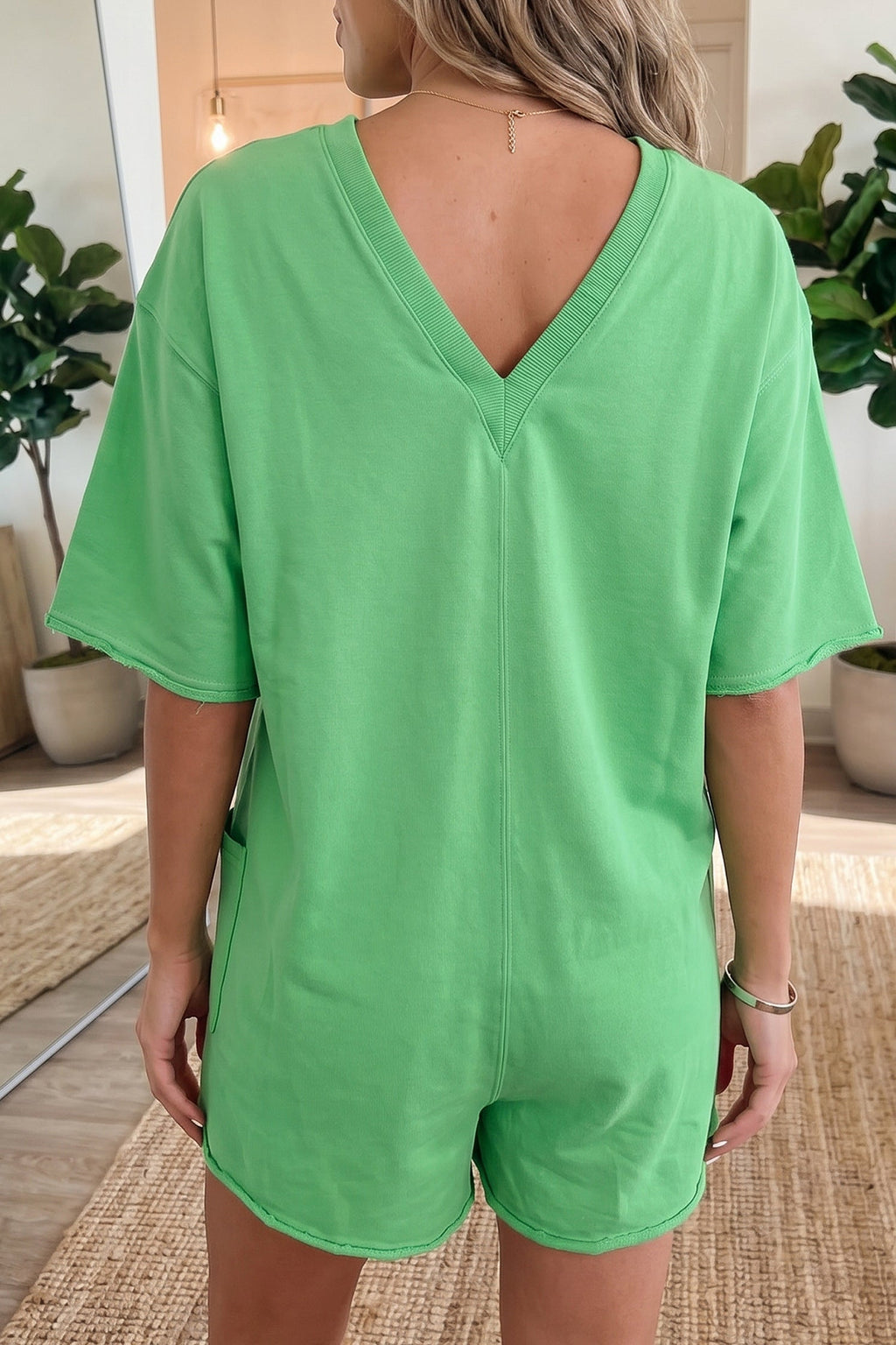 Solid Raw Edge 3/4 Sleeve Pocketed Loose Romper