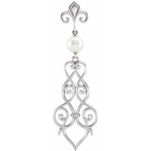 14K White Gold Cultured Akoya Pearl Fleur-de-lis Scroll Pendant