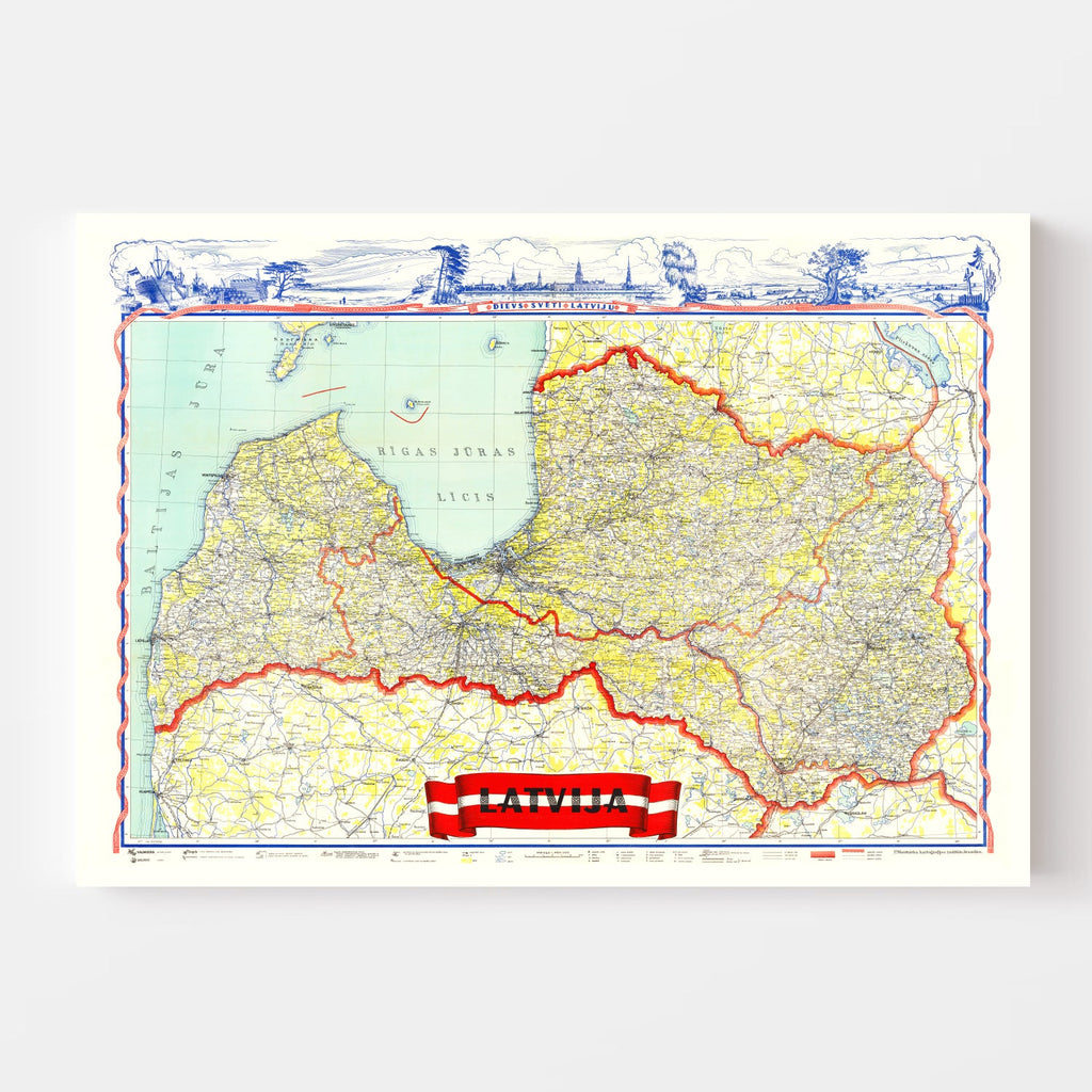 Vintage Map of Latvia 1950