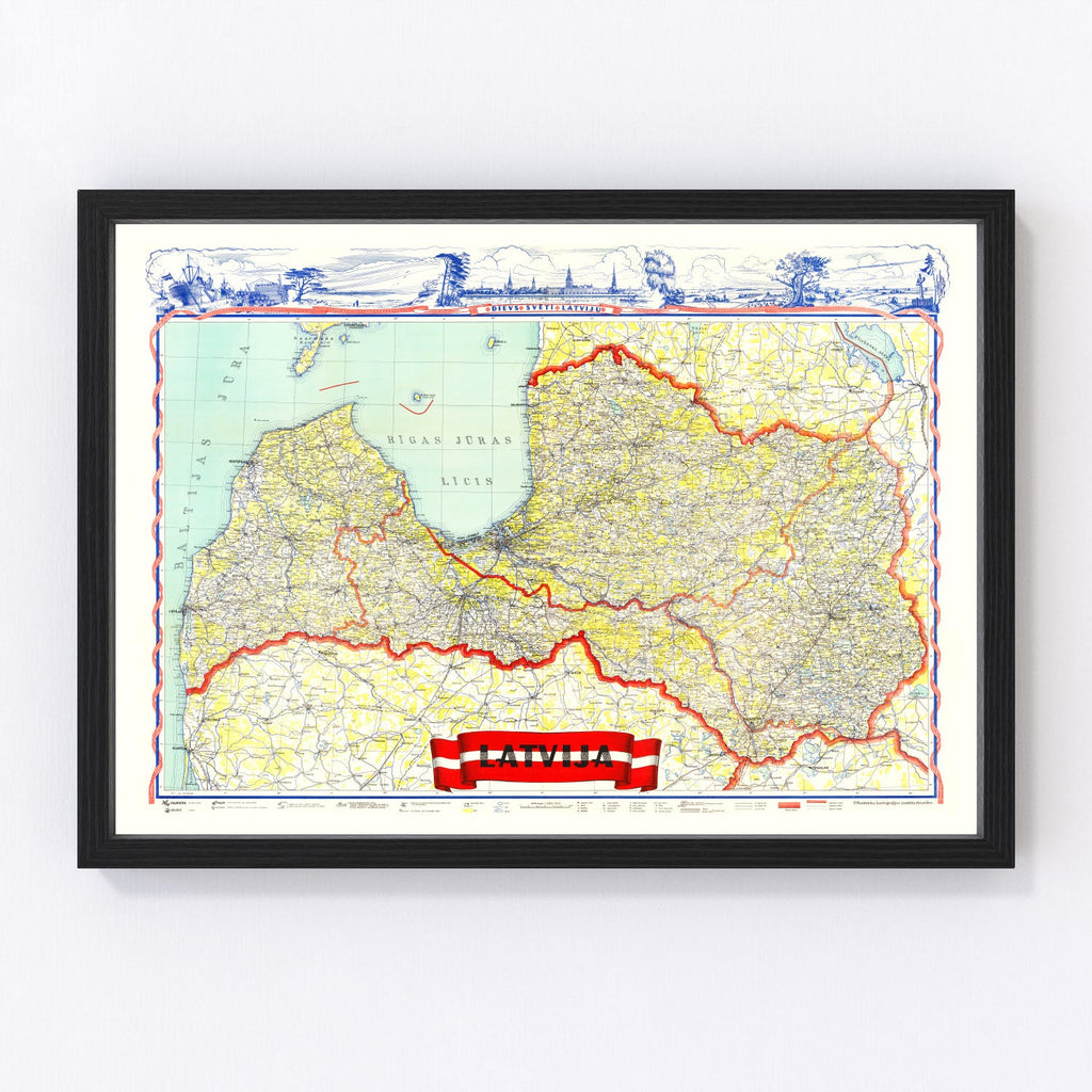 Vintage Map of Latvia 1950