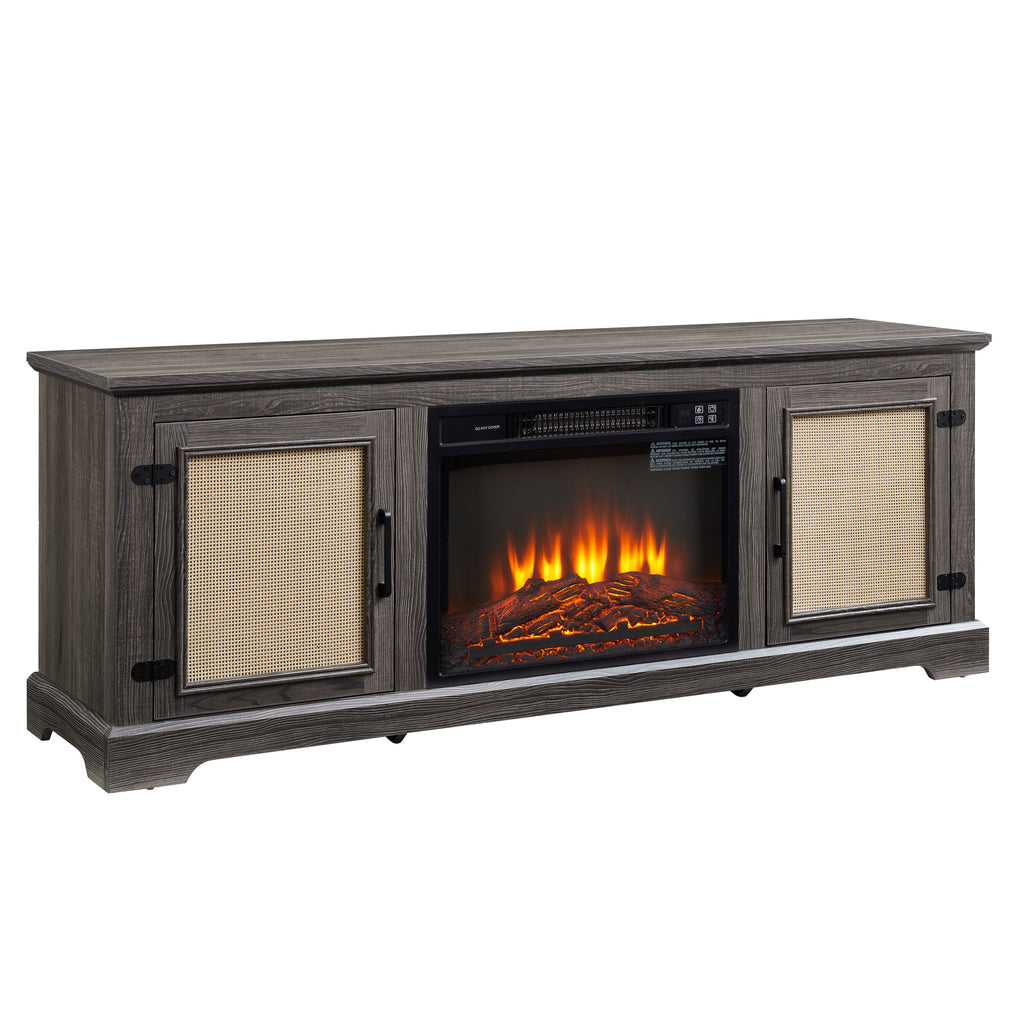 Natural Rattan Door Cabinet with Adjustable Shelf Wood, Farmhouse Rattan TV Stand Console Table for TVs up to 70 Inches, Storage tv stand with 23' fireplace insert, 65'W*15.55'D*23.86'H,GREY