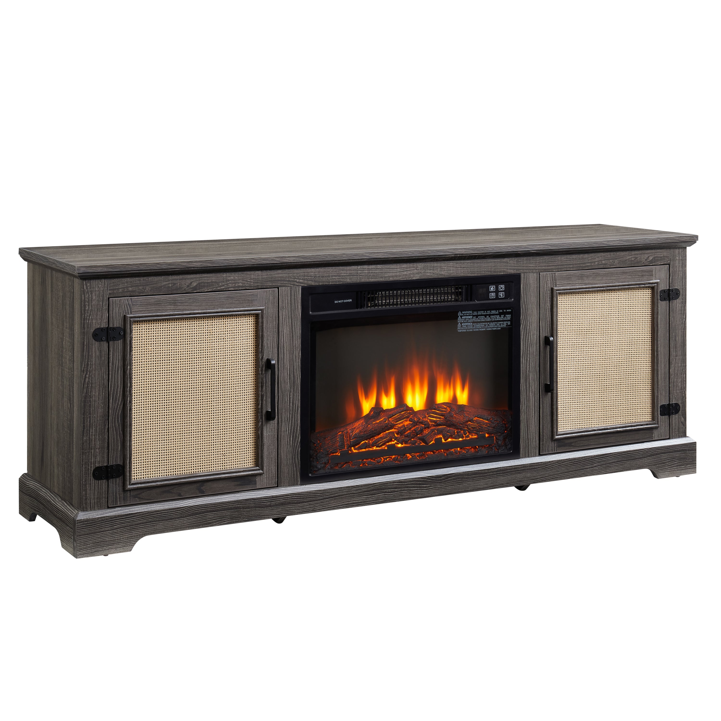 Natural Rattan Door Cabinet with Adjustable Shelf Wood, Farmhouse Rattan TV Stand Console Table for TVs up to 70 Inches, Storage tv stand with 23' fireplace insert, 65'W*15.55'D*23.86'H,GREY