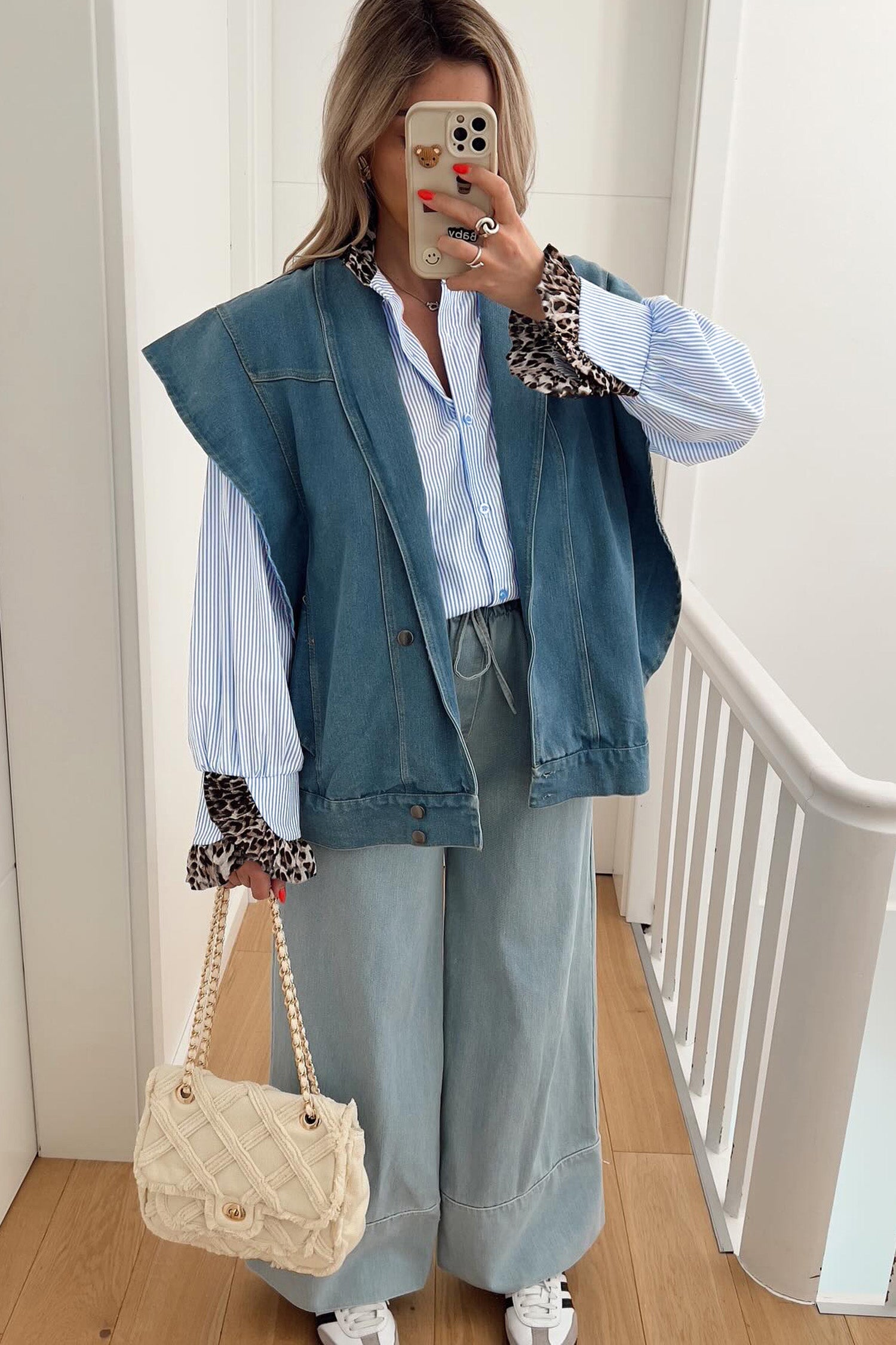 Stripe Patchwork Leopard Ruffle Long Sleeve Shirt