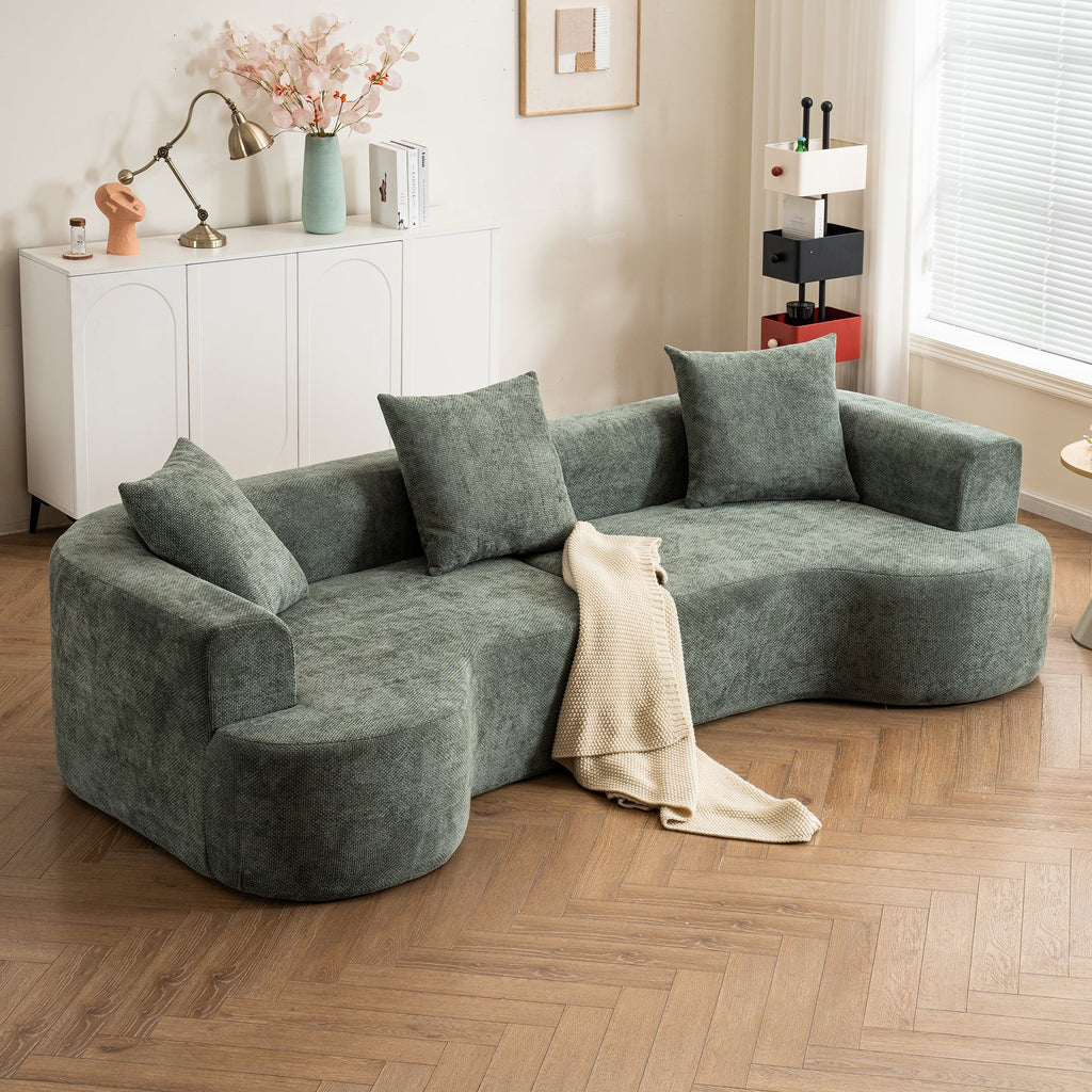 Modern Style Green Curved Sofa, Soft Corduroy Sofa with 3 Pillows, Living Room Milky White Ultra Smooth Curved Fabric Sofa