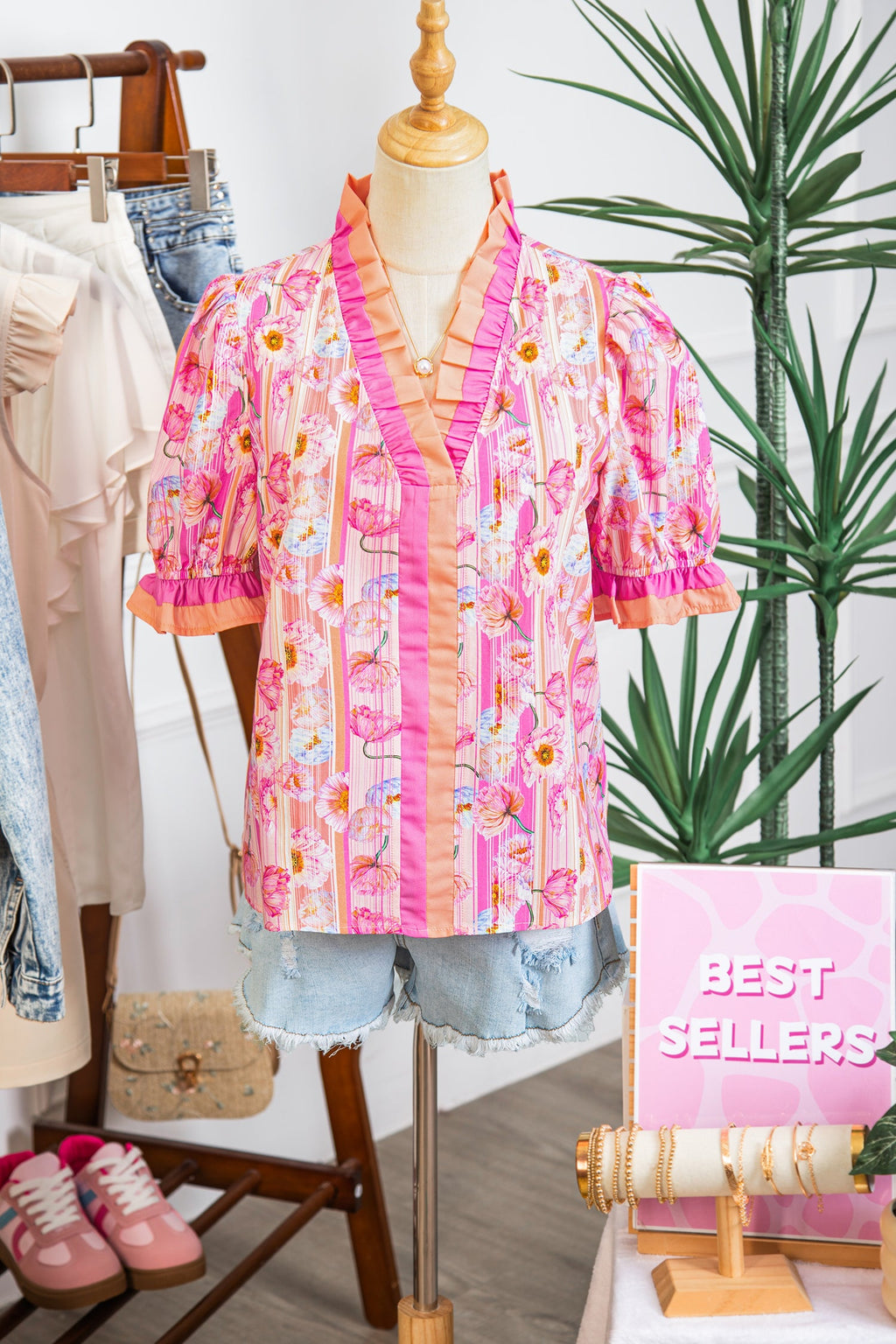 Floral Poppy Stripe Colorblock V-Neck Short Sleeve Blouse