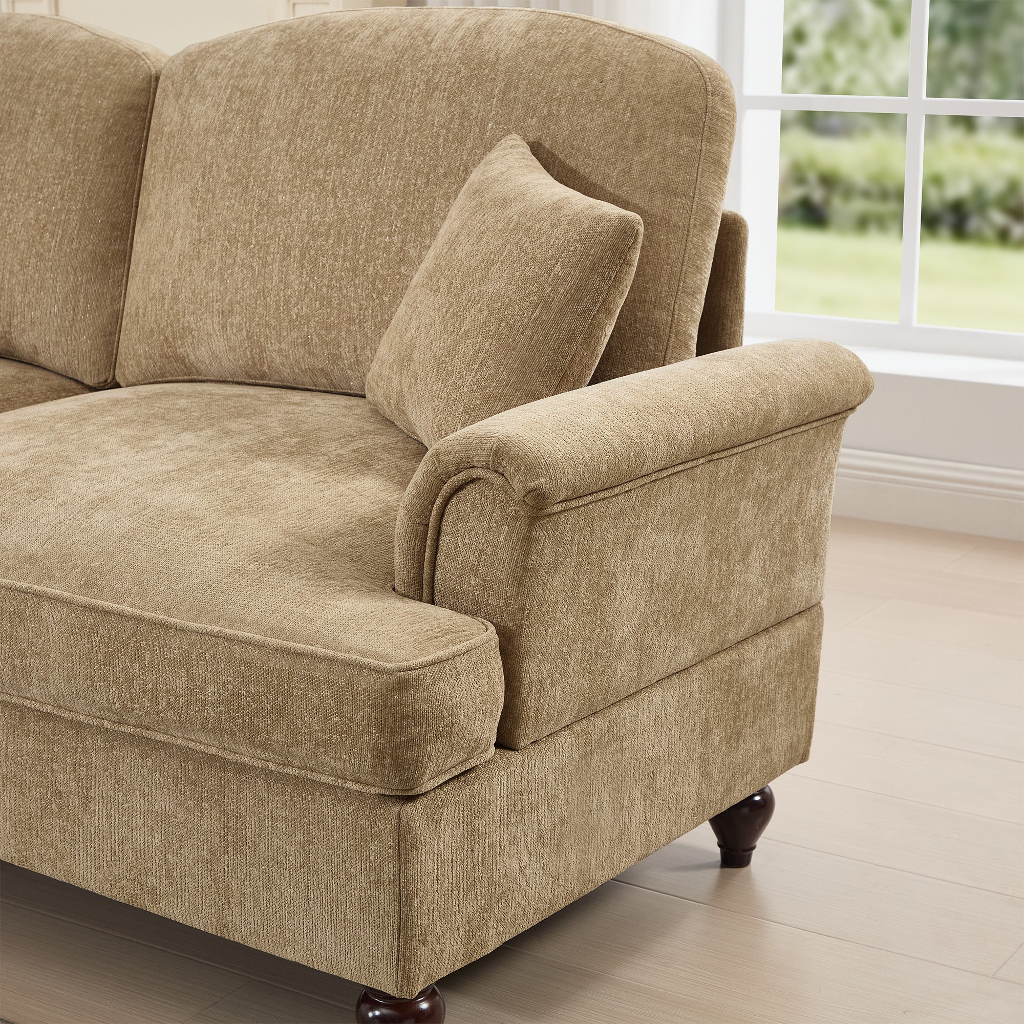 Elegant Mid Century Large 4 Seater Sofa Couch with Flared Arms and Removable Ruffles Pleats Skirts and Spindle Legs, Comfy Chenille Four-Seat Sofa for Living Room, Light Coffee