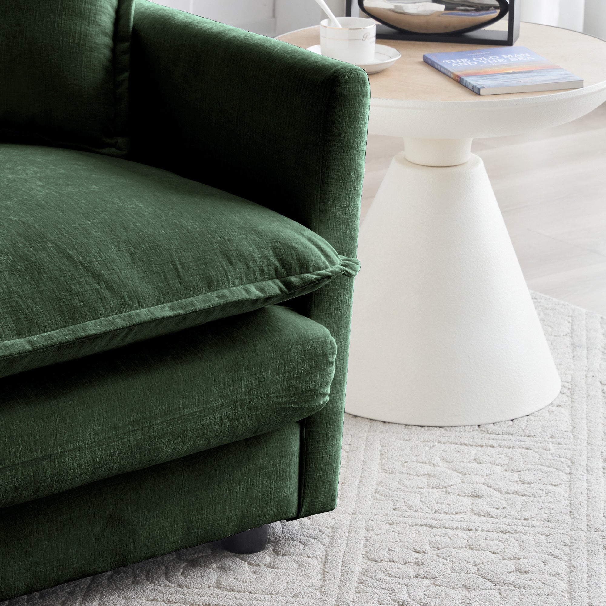 Chenille Two-Seater Sofa with 1 Footrest, 2 Seater L-Shaped Sectional with Ottoman,Loveseat with Ottoman for Small Living Space, Green Chenille