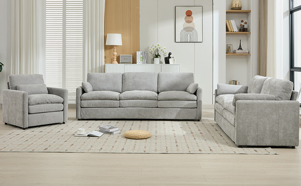 Cozy Upholstered Sofa Set with Double Cushion Design, Light Grey Chenille Fabric, Modern Living Room Couch