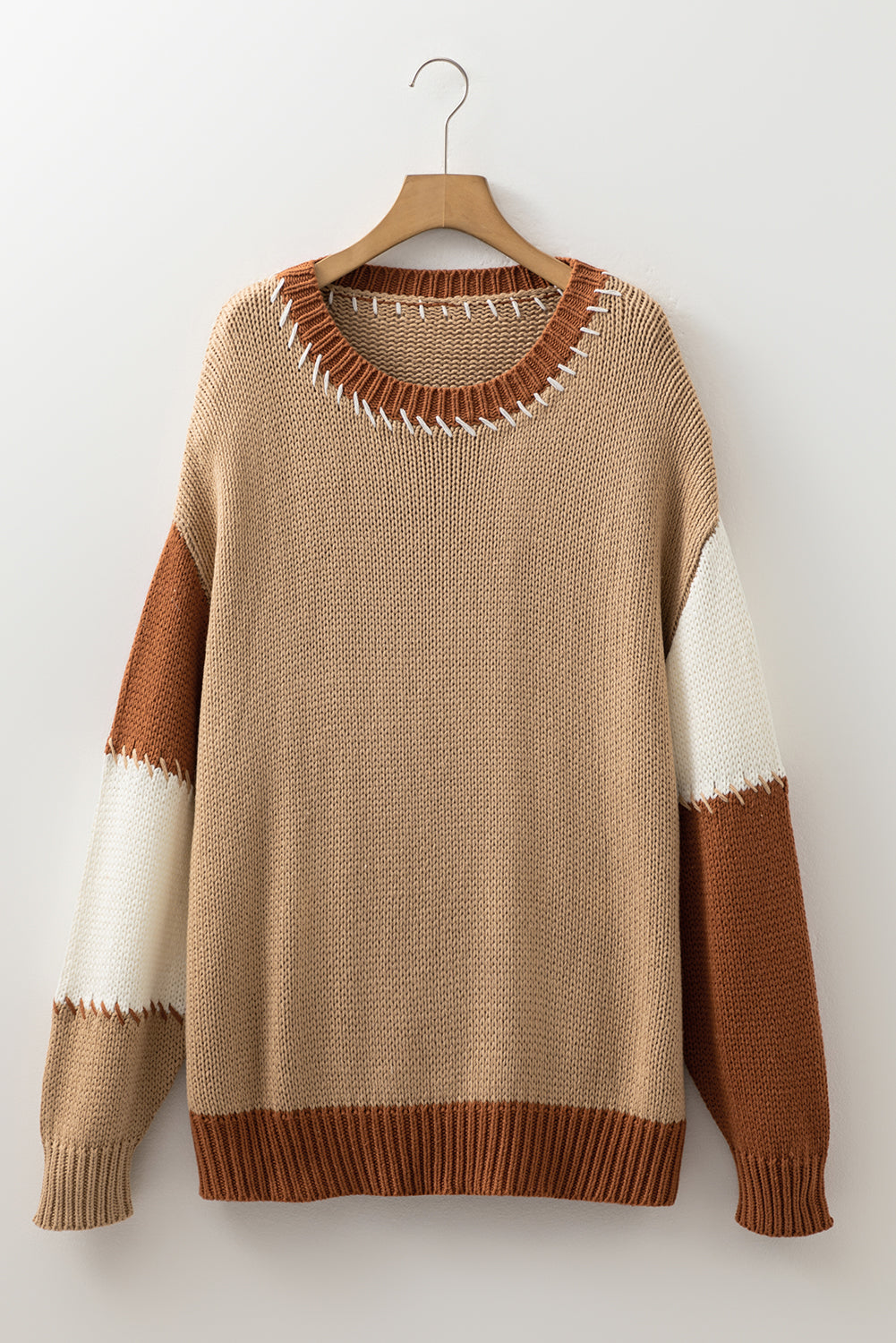 Plus Size Colorblock Knit Contrast Stitch Crewneck Sweater
