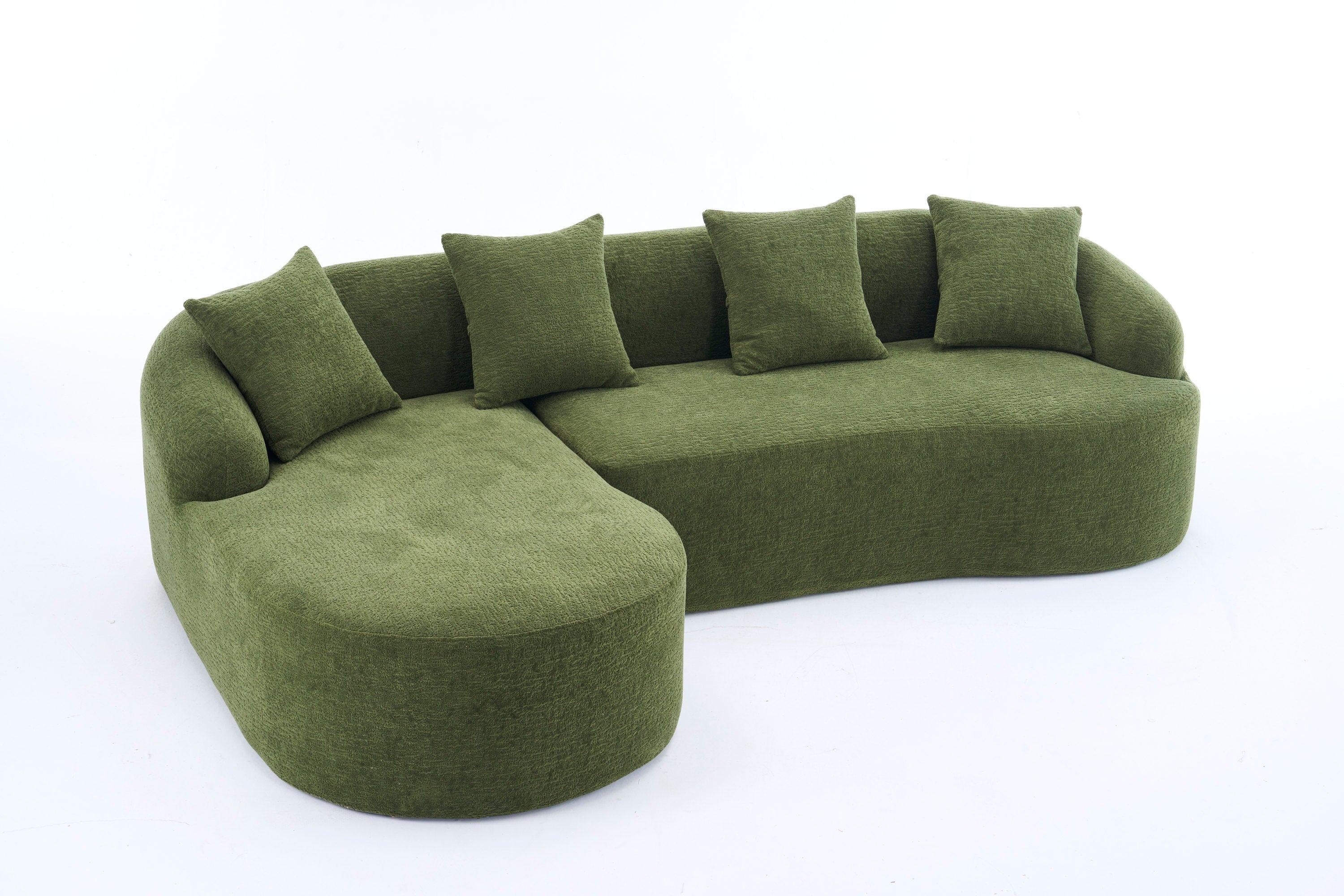 Compression Sponge L-Shape Sectional Sofa with Curved Chaise, Green Modular Chenille Couch No Assembly Required, 30D High-Density for Living Room Bedroom Apartment Lounge.
