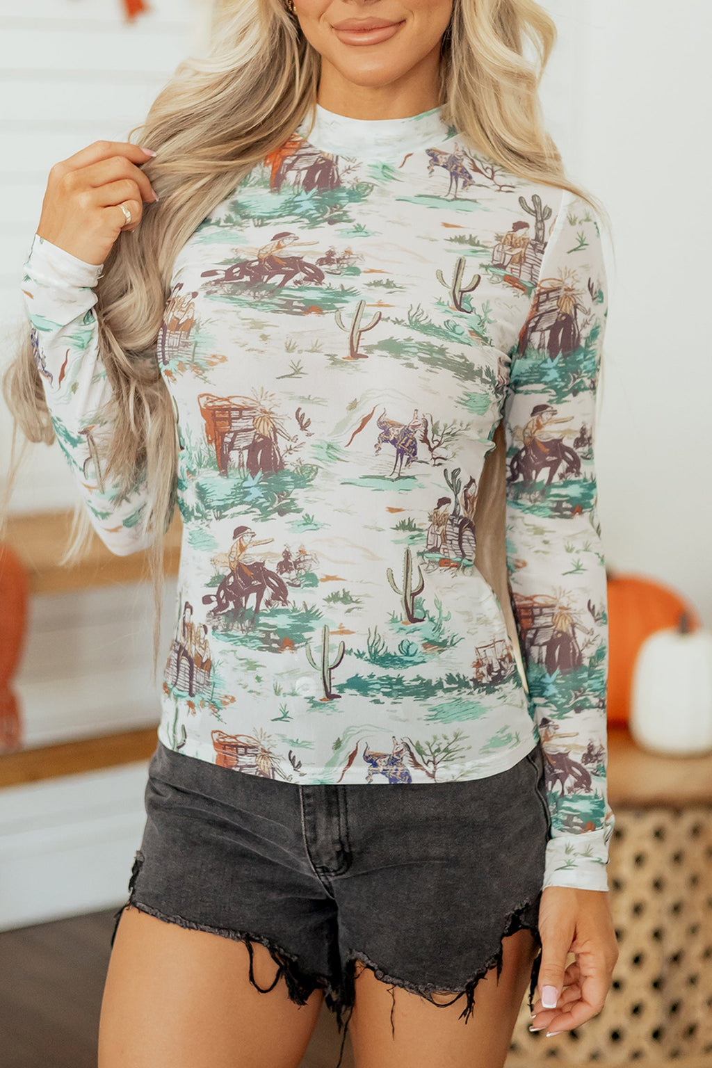 Western Long Sleeve Round Neck Slim Top