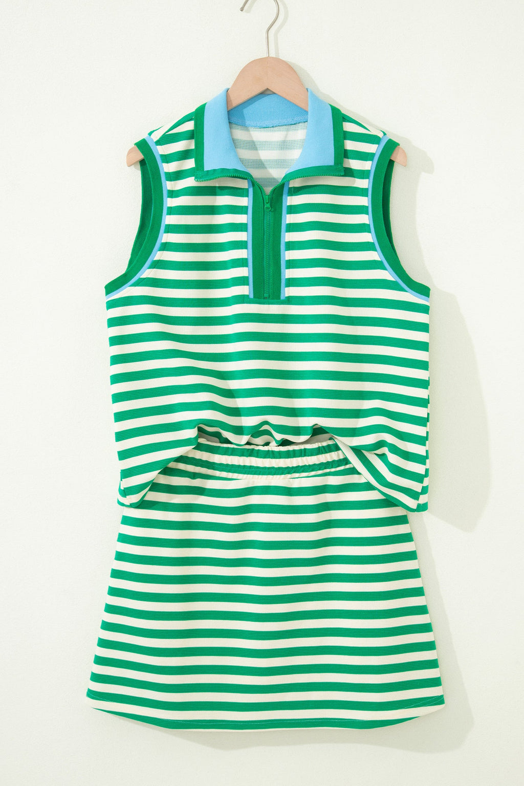 Stripe Textured Zip Collar Top & Skort Set