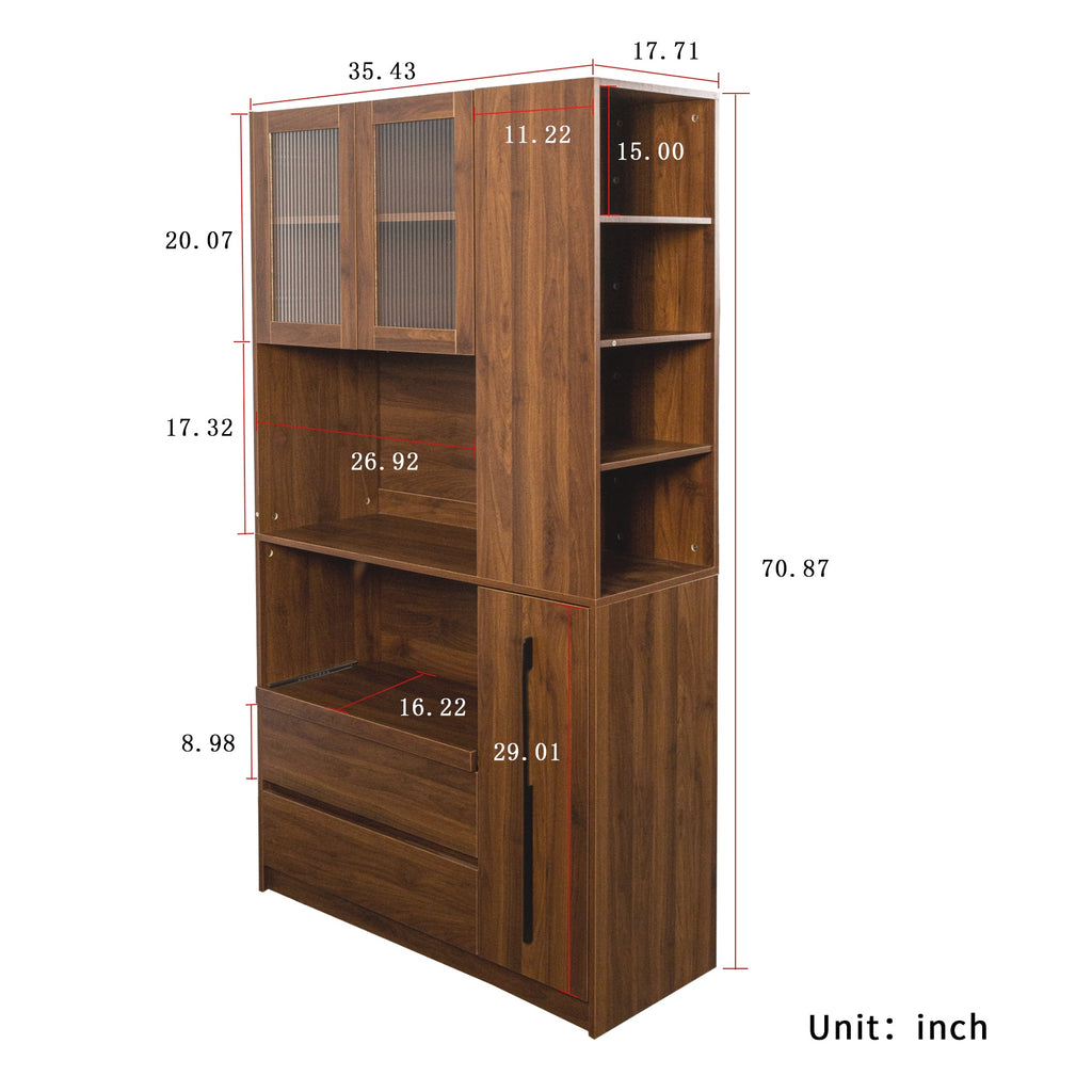 70.87' Tall Kitchen Pantry Cabinet with multi-functional pull-out multi-tier storage shelf,  4-Tier side Shelf, 2 Drawers,with Glass Door,Freestanding Food Hutch with Microwave Stand for Dining Room