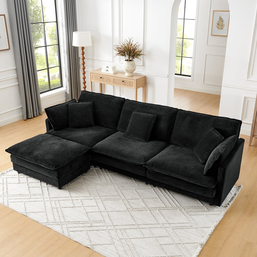 Modern Home Living Room L-Shaped Sectional Sofa Couches with Ottoman, Convertible Oversized 4 Seater Couch Towel Fabric, Black