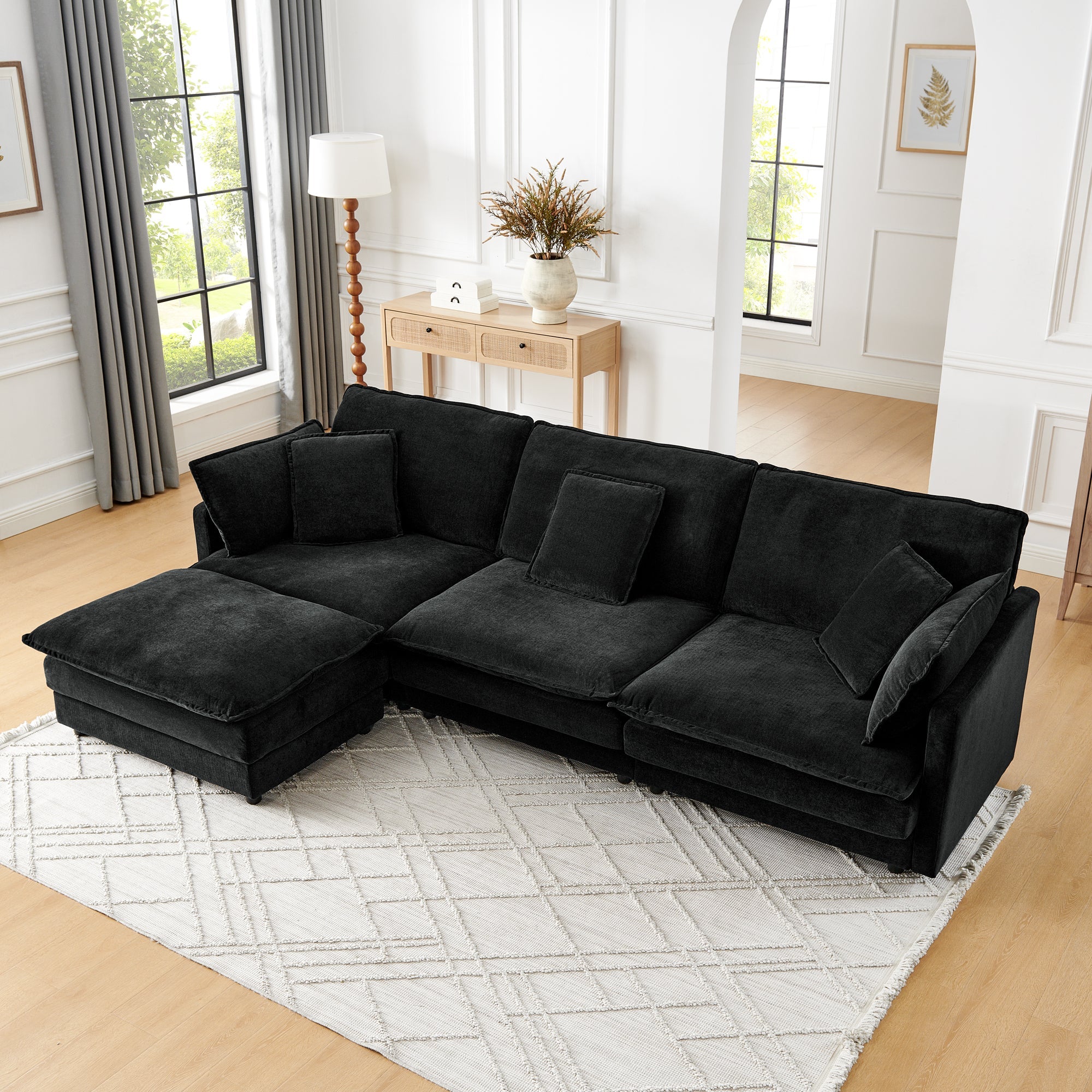 Modern Home Living Room L-Shaped Sectional Sofa Couches with Ottoman, Convertible Oversized 4 Seater Couch Towel Fabric, Black