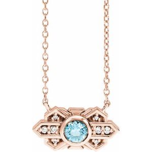14K Rose Gold Natural Aquamarine & .03 CTW Natural Diamond Art Deco 16" Necklace