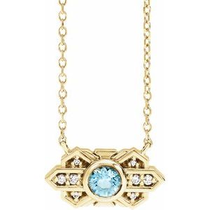 14K Yellow Gold Natural Aquamarine & .03 CTW Natural Diamond Art Deco 16" Necklace