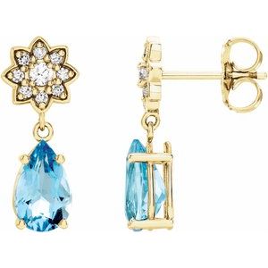 14K Yellow Gold Aquamarine & 1/6 CTW Diamond Cluster Earrings