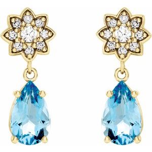 14K Yellow Gold Aquamarine & 1/6 CTW Diamond Cluster Earrings