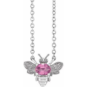 14K White Natural Pink Sapphire Bee 16" Necklace
