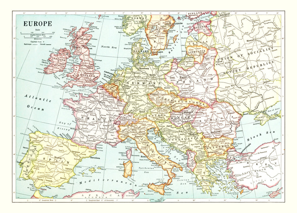 Vintage Map of Europe, 1926
