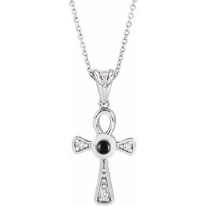 Platinum Natural Onyx & .04 CTW Natural Diamond Ankh Cross 16-18' Necklace