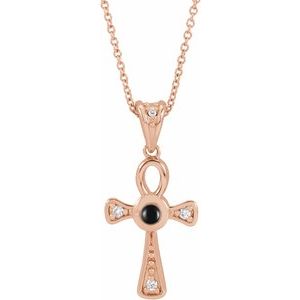 14K Rose Gold Natural Onyx & .04 CTW Natural Diamond Ankh Cross 16-18' Necklace