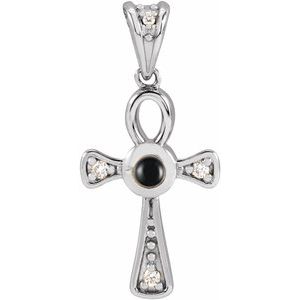 14K White Gold Natural Onyx & .04 CTW Natural Diamond Ankh Cross Pendant