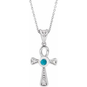 Platinum Natural Turquoise & .04 CTW Natural Diamond Ankh Cross 16-18' Necklace