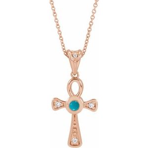 14K Rose Gold Natural Turquoise & .04 CTW Natural Diamond Ankh Cross 16-18' Necklace