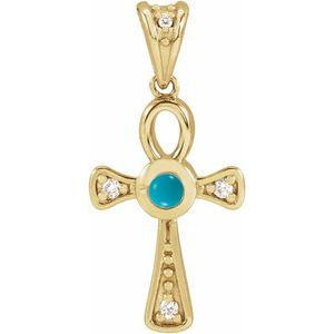 14K Yellow Gold Natural Turquoise & .04 CTW Natural Diamond Ankh Cross Pendant