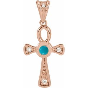 14K Rose Gold Natural Turquoise & .04 CTW Natural Diamond Ankh Cross Pendant