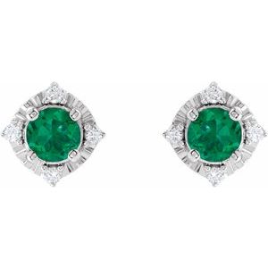 14K White Gold Lab-Grown Emerald & .08 CTW Natural Diamond Halo-Style Earrings – image 2